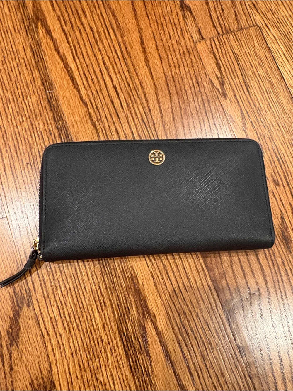 Tory Burch Black Saffiano Zip-Around Wallet with Gold Logo